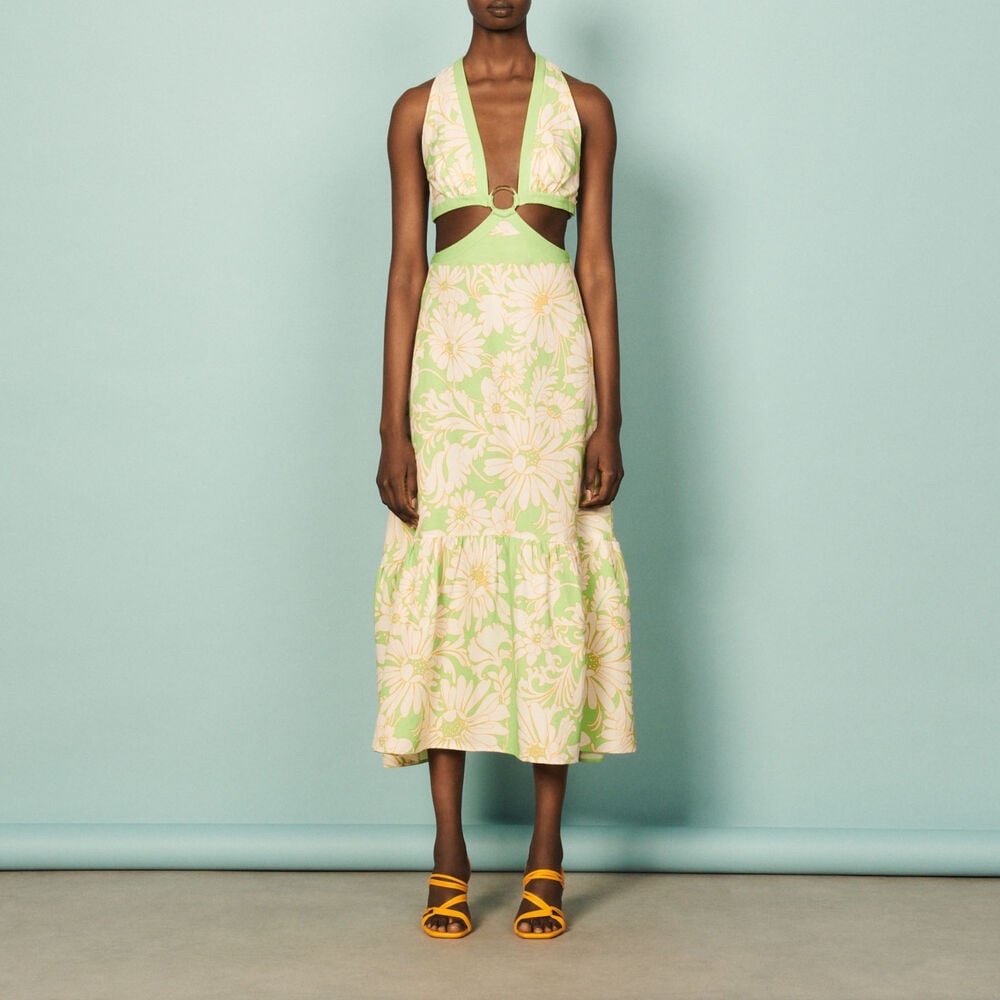 Sandro Brown Halter Midi Dress with Ruffled Tiered Hem | preloved like new
